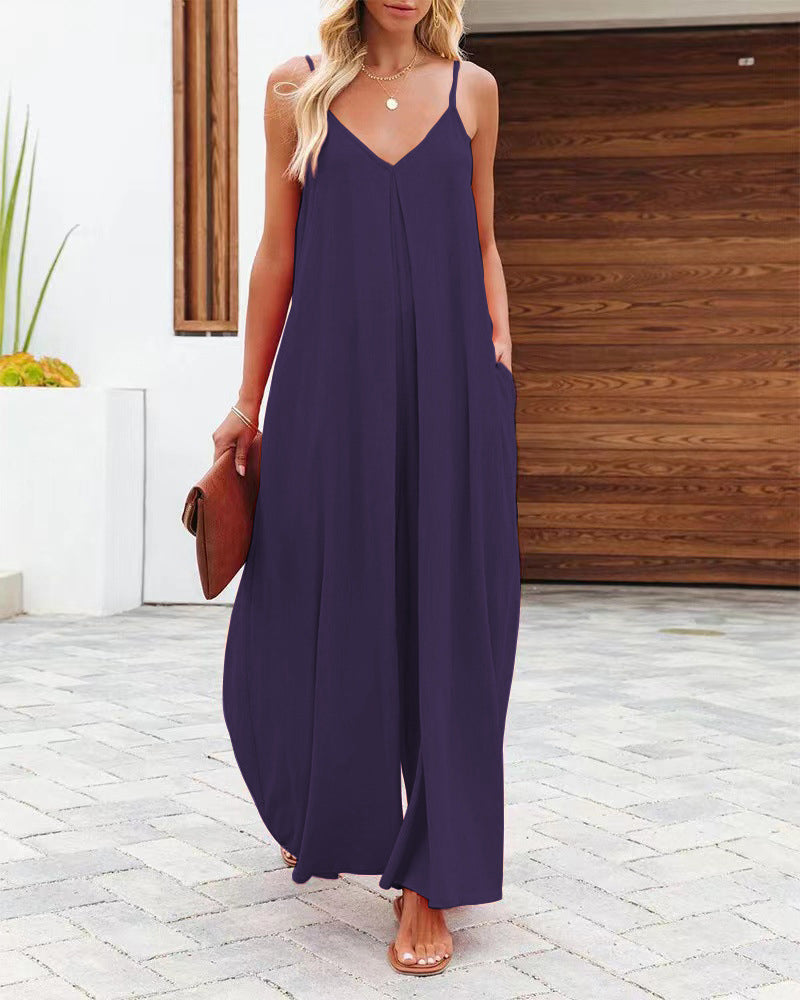 Summer Solid Color V Neck Suspenders Wrapped Wide Leg Long Rompers Pant Jumpsuits