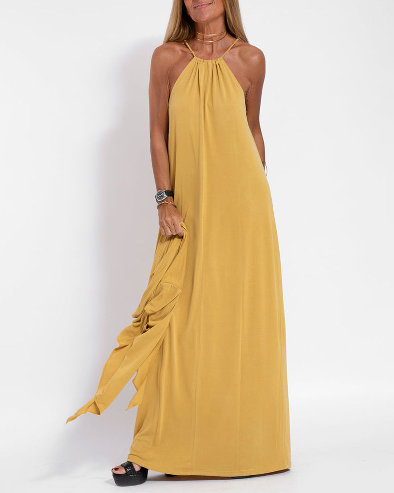 Two-piece Halterneck Tie Sleeveless Long Dress and Irregular Cardigan Set
