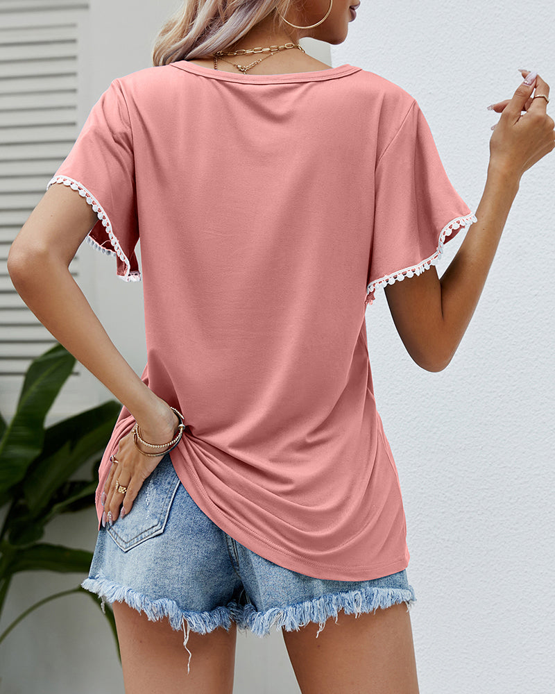 Pom-Pom Trim Flutter Sleeve Round Neck Tee Casual Blouses Tops