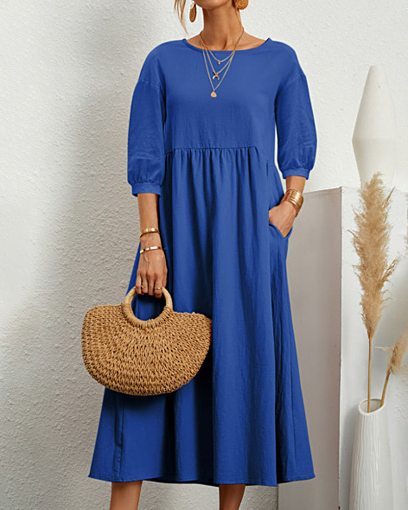 Lantern Sleeve Long Dress Solid Color Loose Crew Neck Mid Waist Dresses with Pockets
