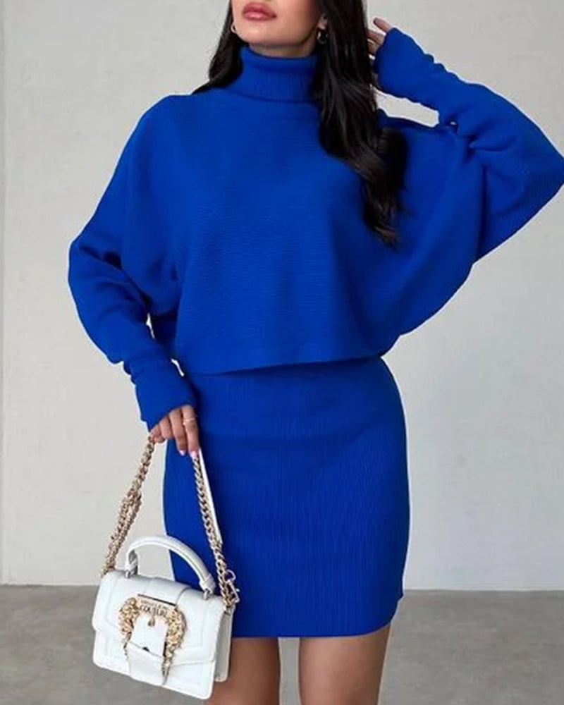Casual Two Pieces Sets Turtleneck Sweater and Mini Skirt Suits