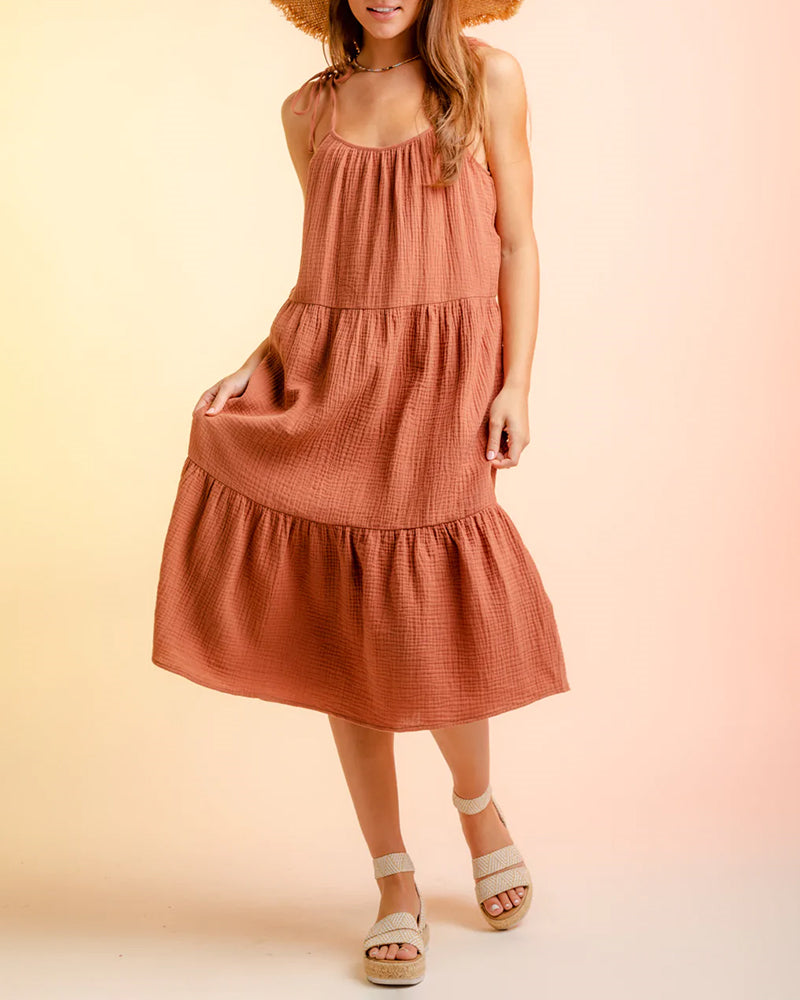 Lace-up Sling Dress Candy Color Stitching Solid Color Midi Dress