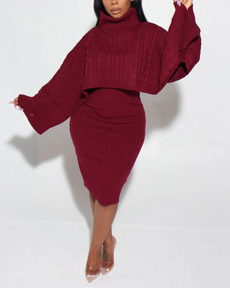 Women's Rib knit Sweater Skirt Two Piece Set Outifts Long Sleeve Turtleneck Sweaters and Tank Midi Dresses