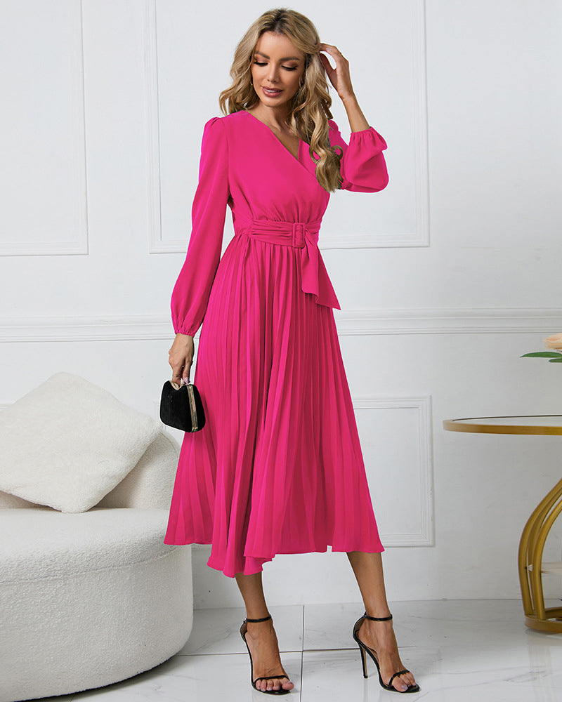 Elegant Wrap V Neck Lantern Sleeve Bulted Pleated Flowy Midi Dress