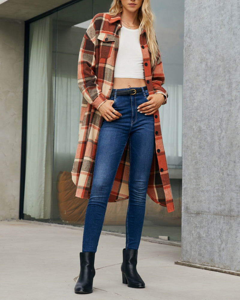 Button Down Plaid Classic Long Shirt Jacket