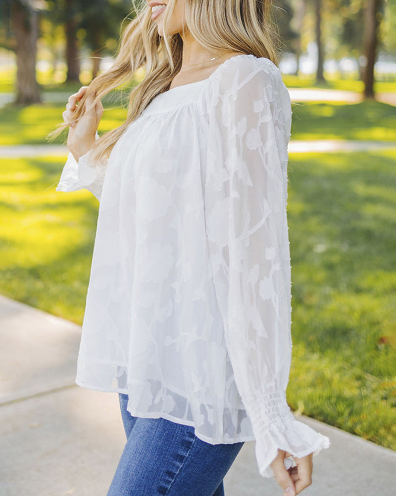 Ruffle Sleeve Solid Color Pullover Square Neck Chiffon Top