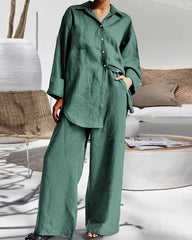 Casual Retro Two-Piece Sets Long Sleeve Loose Shirt and Elastic Waist Wide Leg Pants