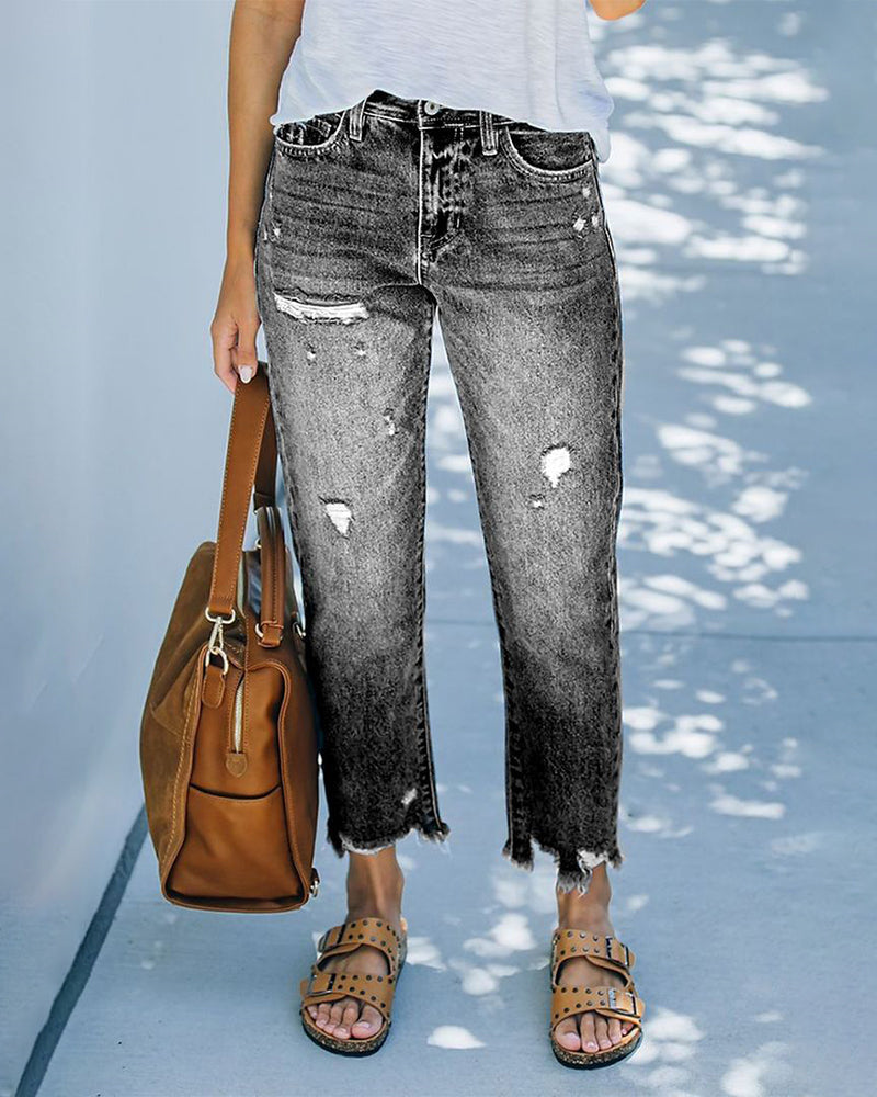 High Waisted Straight Leg Ripped Boyfriend Jeans Frayed Ankle Denim Pants