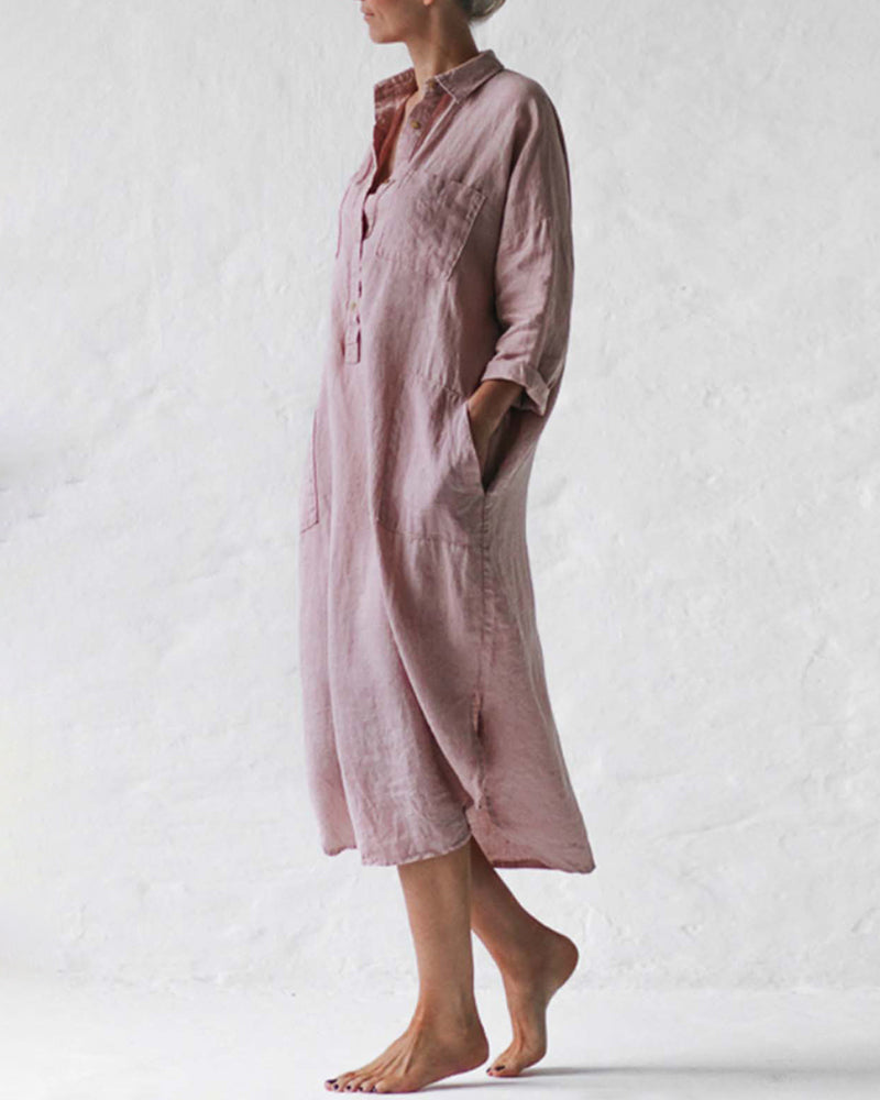 Casual Button Raglan Long Sleeve Pockets Loose Shirt Dress Lounge Midi Dresses Beach Cover Up