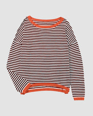 Casual V-Neck Long-Sleeve Knit T-Shirt Stripe Color Block Knit Tops