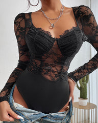 Sexy Lace Solid Color Long Sleeve Sheer Bodysuits
