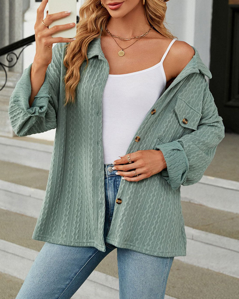 Solid Color Turn-Down Collar Twisted Knit Long Sleeve Loose Jacket