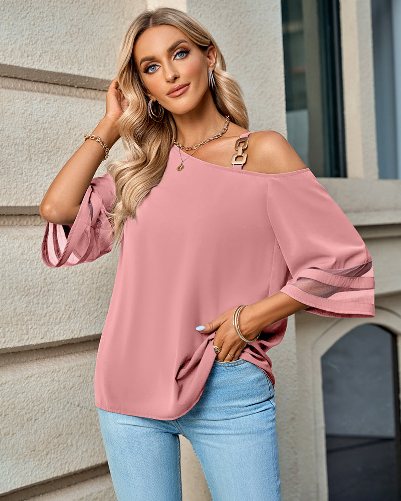 Asymmetrical Neck Buckled Spliced Mesh Blouse