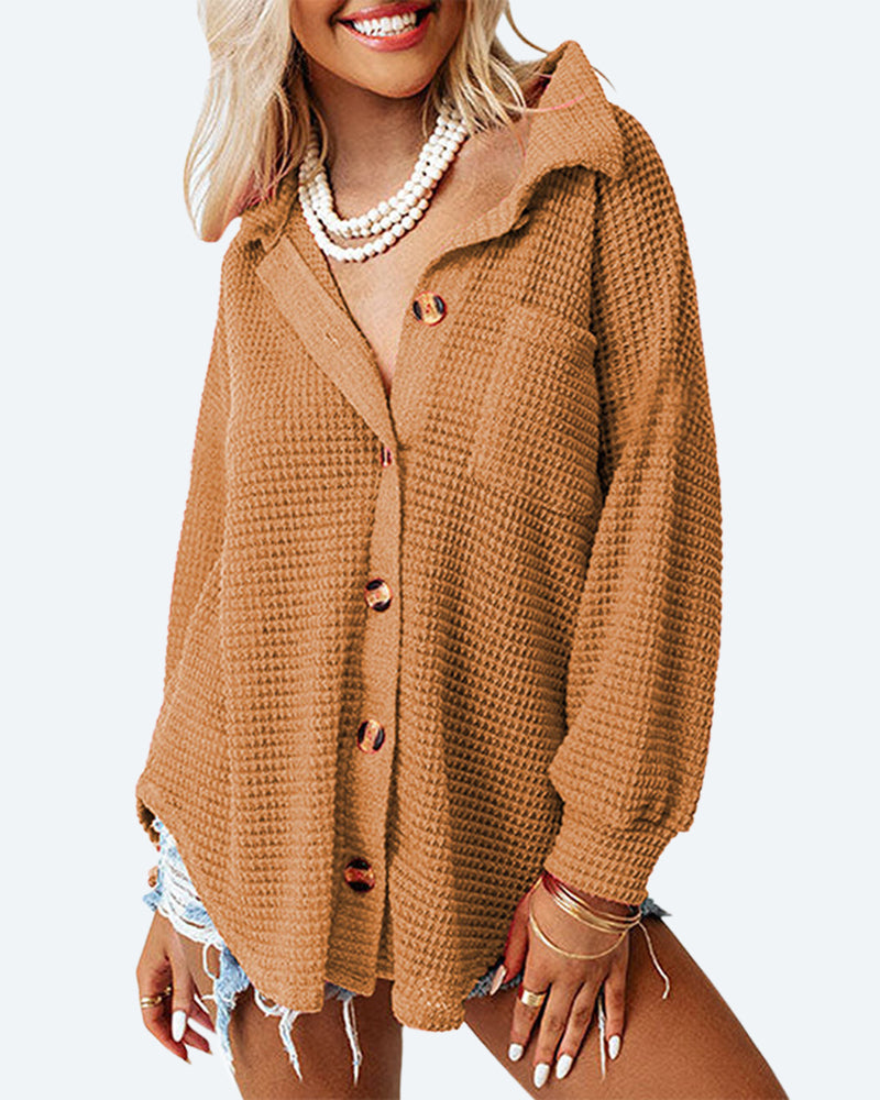 Waffle Knit Button Down Shirt Long Sleeve Loose Solid Color Tops