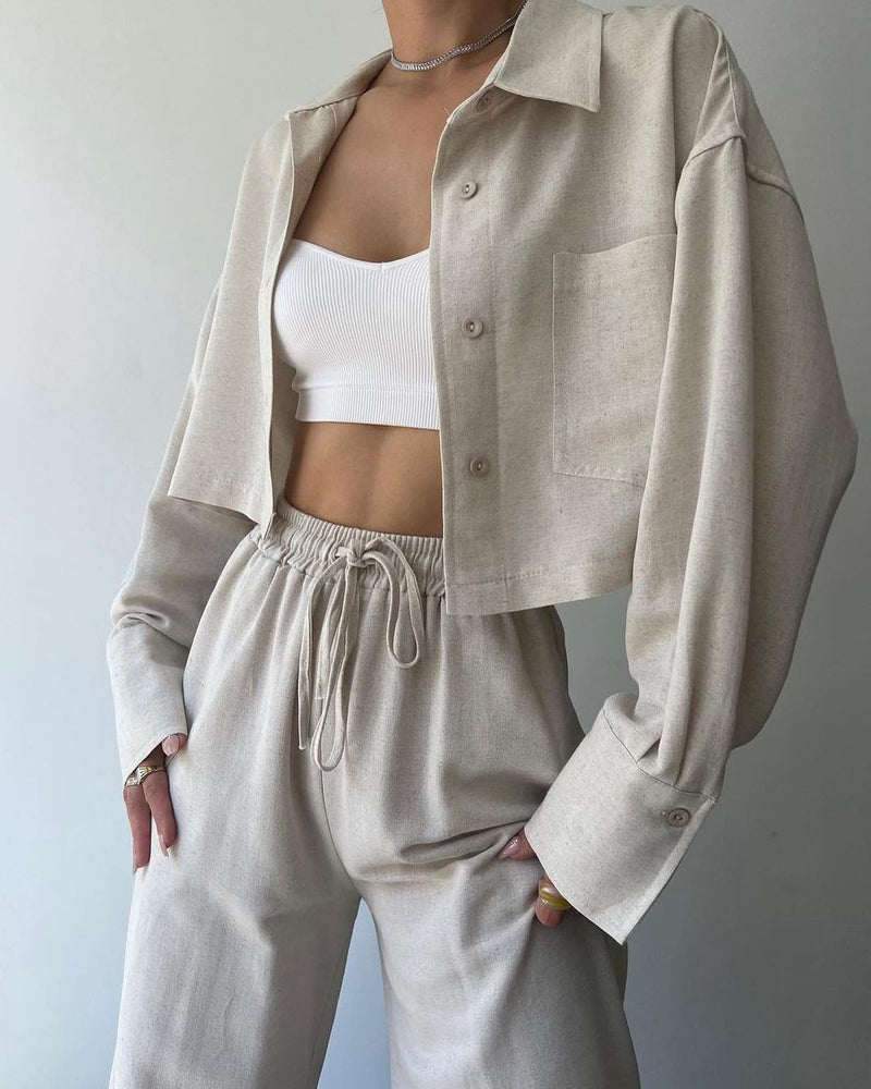 Two Piece Outfits Casual Lounge Sets Long Sleeve Short Casual Shirt with Drawstring Trousers Set