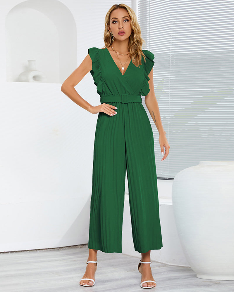 Casual Loose Jumpsuit V Neck Sleeveless Solid Ruffle Pleated Wide-leg Long Playsuit with Belt