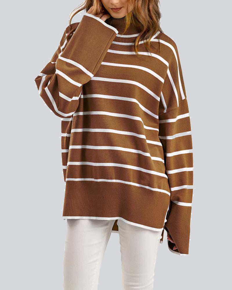 Striped Sweater Casual Turtleneck Knit Pullover Jumper Tops