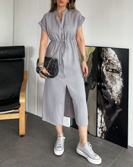 Cotton Linen Dress Round Neck Single Breasted Button Sleeves Drawstring Slit Mid Length Dress