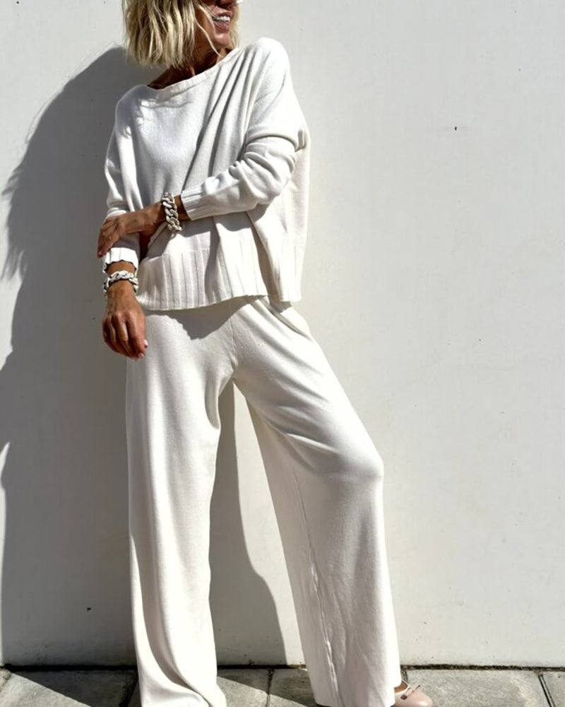 Elegant Two-piece Set Round Neck Sweater and Wide Leg Pant Outfits