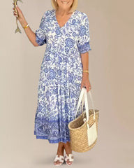 V Neck Bohemian for Womens Summer Printed Floral Short Sleeve Causal Long Maxi Beach Dress