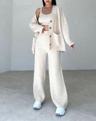 Elegant Three-pieces Knitwear Set Crop Vest Button Sweater Cardigant and Wide Leg Pant Outfits