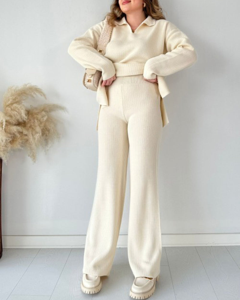 Women's Two Piece Sets Casual Loose Knitted Long Sleeve Sweater + Wide Leg Pants