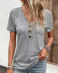 V Neck Lace Ribbed Tops Decoration Button Down T-Shirts Summer Short Sleeve Casual Blouse