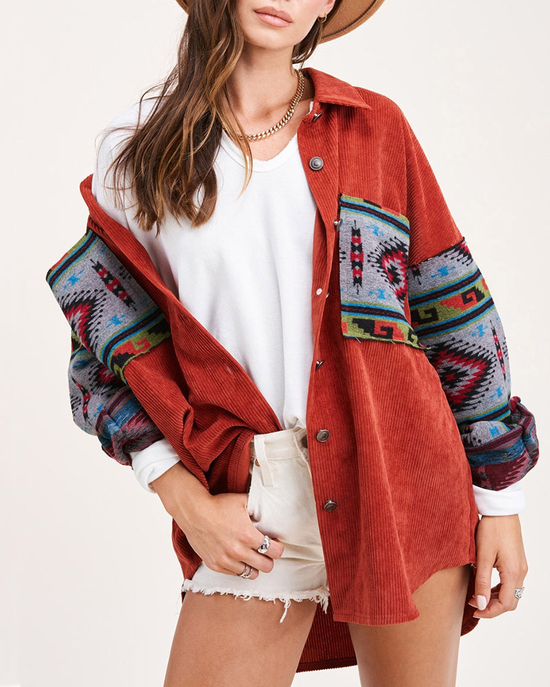 Corduroy Patch Print Pocket Coat Long Sleeve Jacket Top