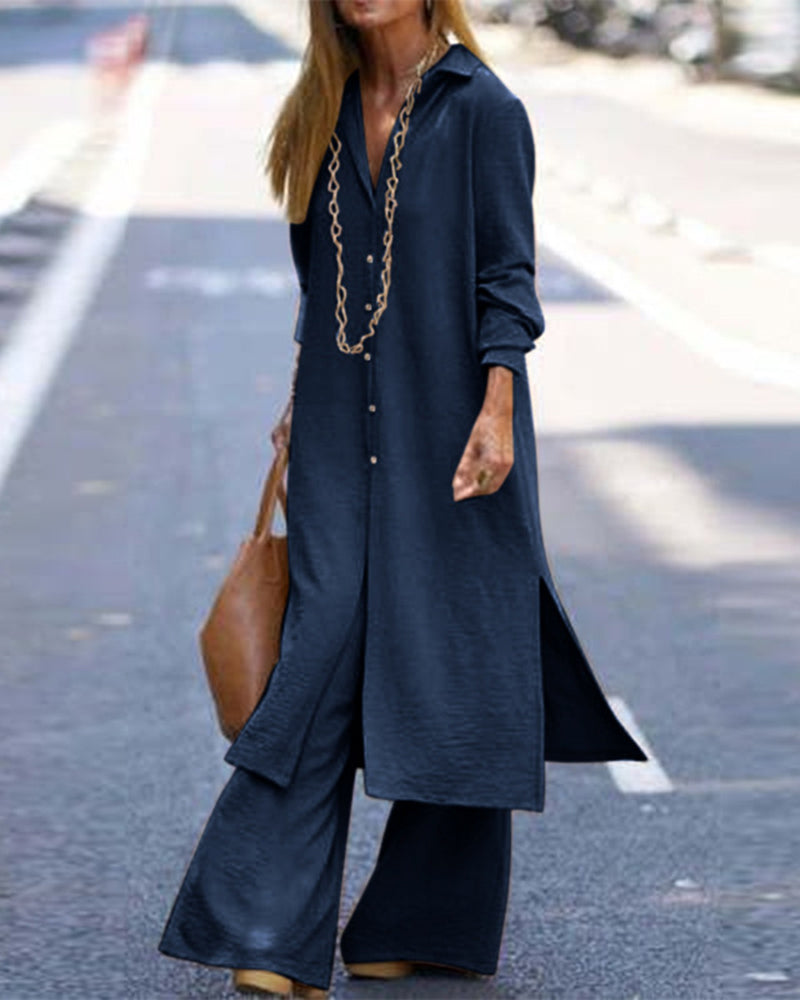 Casual Long Sleeve Shirt and Wide Leg Pants Set