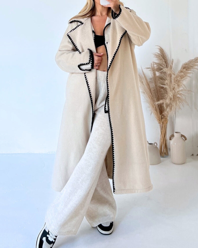 Edge Decorated Wool Longline Coat Thickened Loose Outerwear