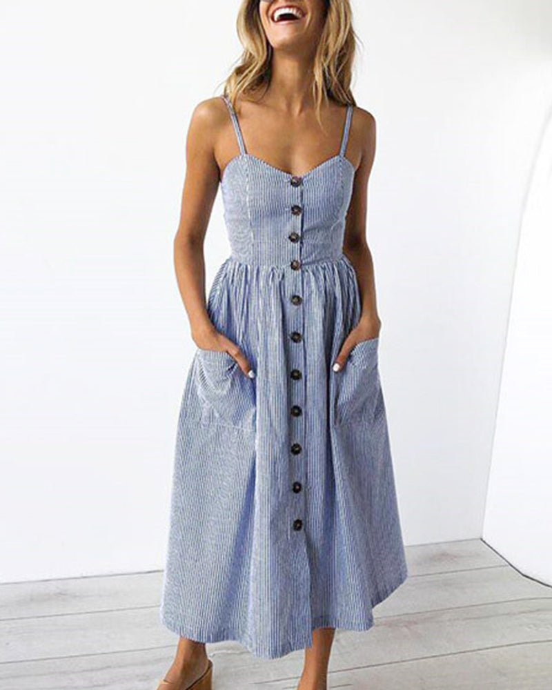 Solid Color Strap Open V-Neck Back Women's Dress with Pockets