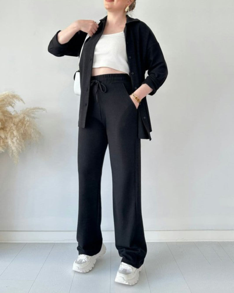 Simple Casual Two-Piece Set Lapel-Neck Shirt+Wide-leg Pants