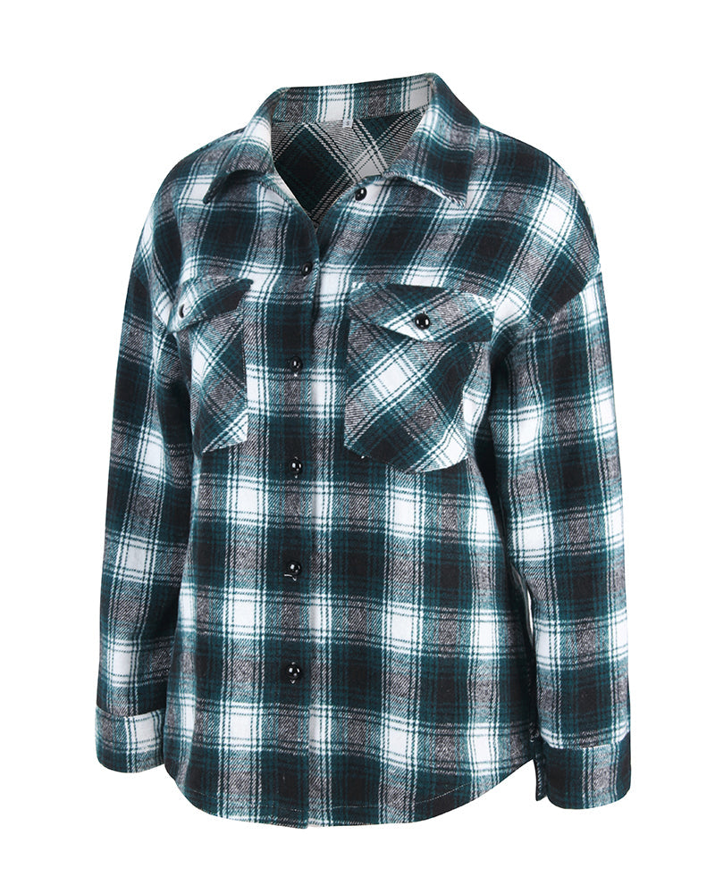 Plaid Button Front Curved Hem Shacket