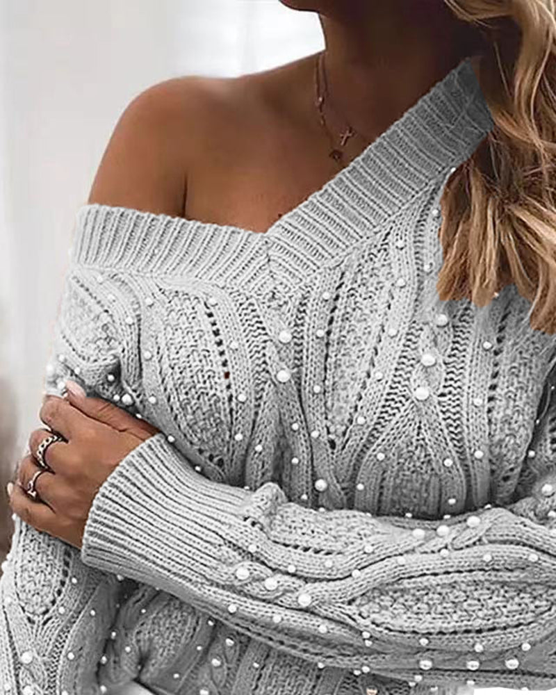 Sexy Twist V-neck Beads Long-sleeved Knit Sweater