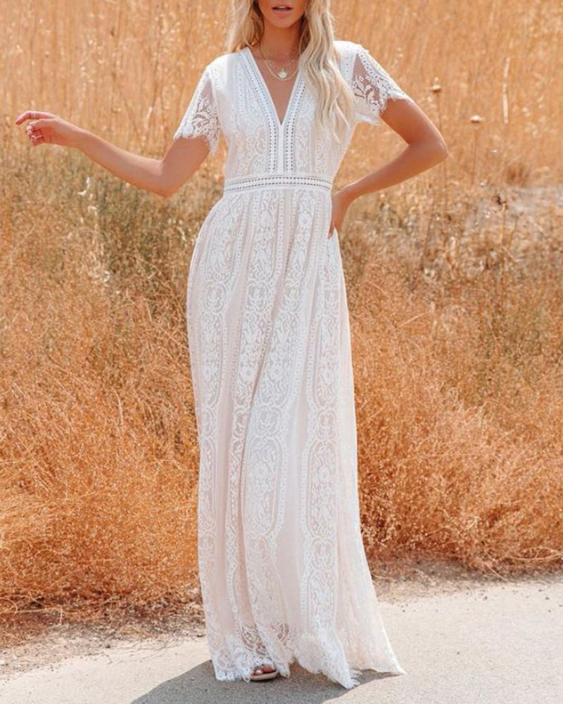 V-Neck Half Sleeves Lace Bohemian Floor Length Dress