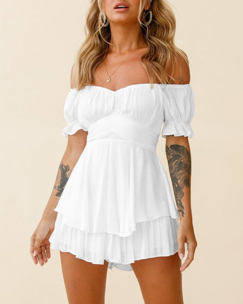 Off Shoulder Mini Rompers Solid Ruffle Hem Shorts Jumpsuit Dress