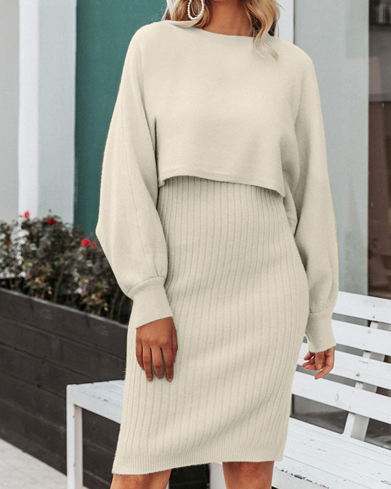 Women's Two Pieces Sets Long Sleeve Lazy Style Fashionable Sweater + Solid Knitted Skirt Dress