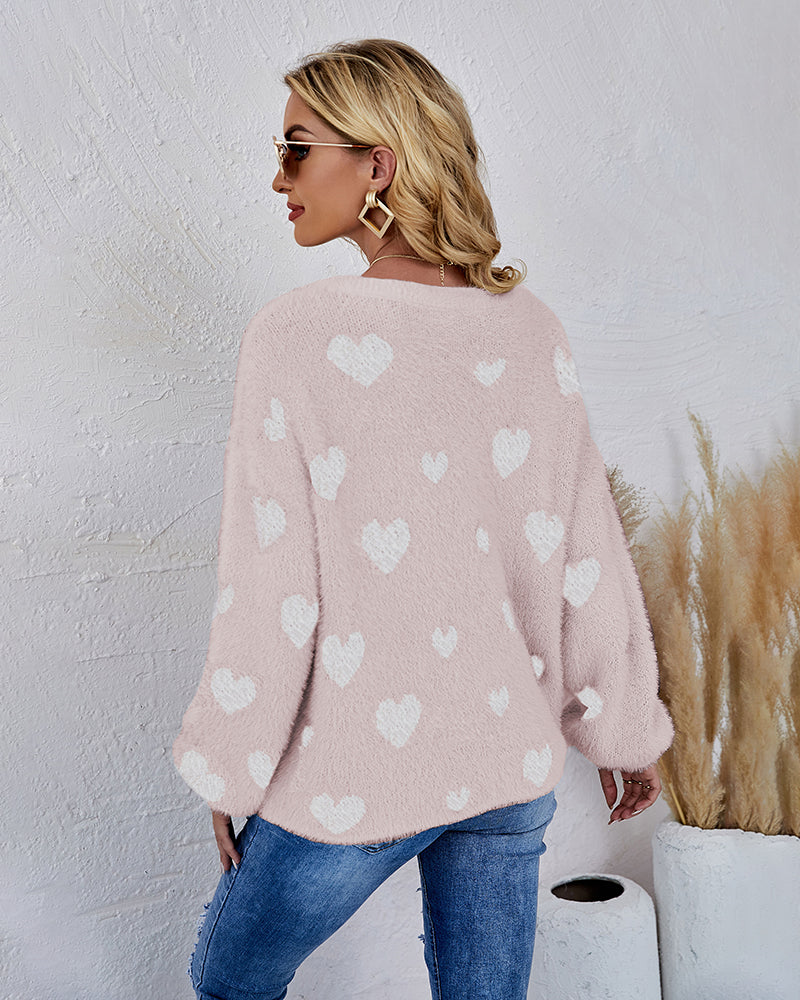 Love Pattern Round Neck Knit Sweater