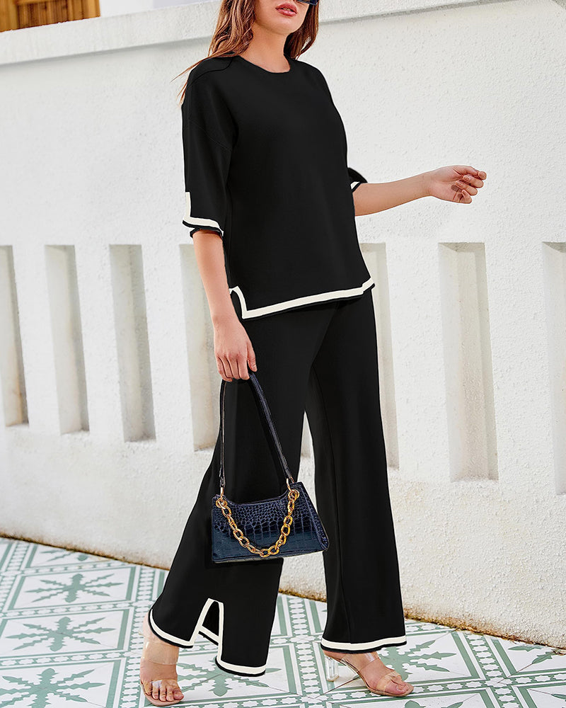 Contrasting Color Slit Short-sleeved Sweater Wide-leg Trousers Two-piece Set