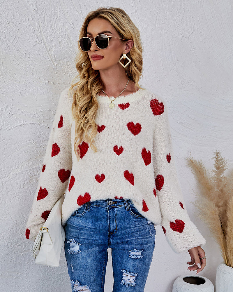 Love Pattern Round Neck Knit Sweater