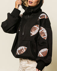 Rugby Sequined Hoodie Zipper Drawstring Long Sleeve Sweatshirt Top