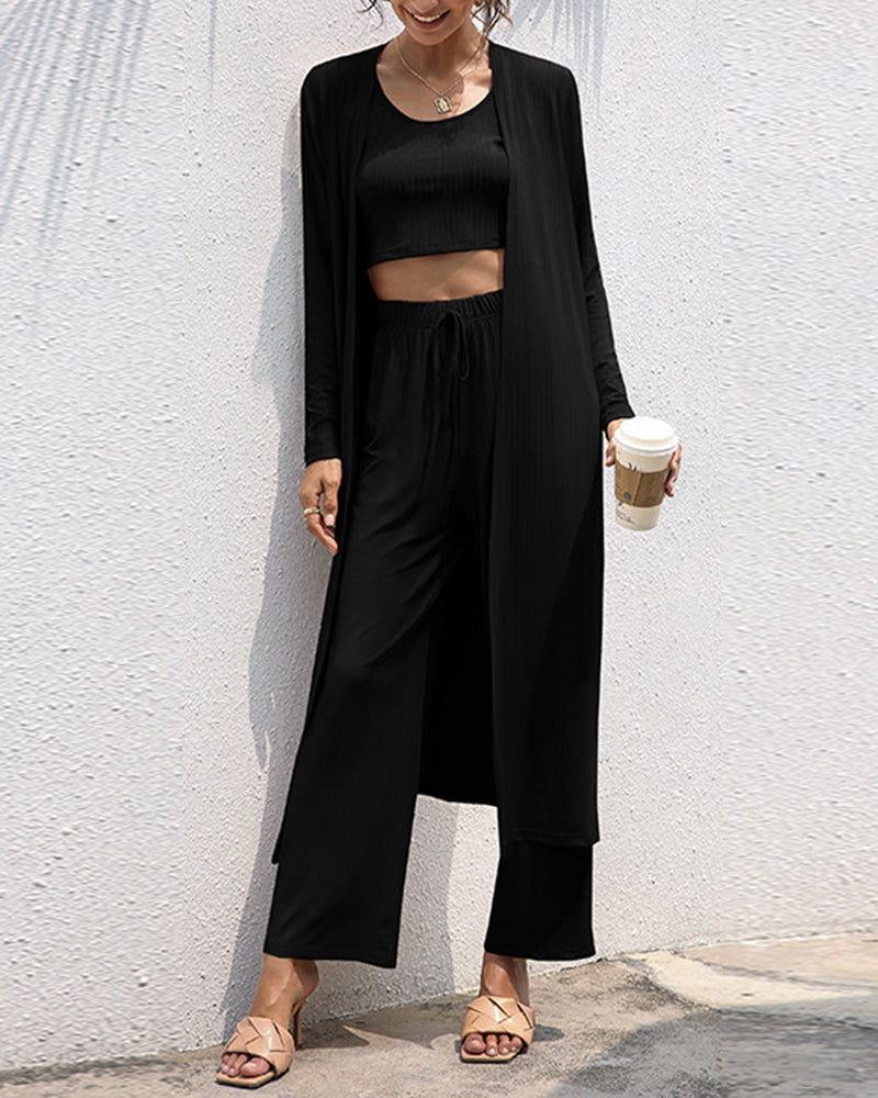 3 Piece Outfits Lounge Scoop Neck Crop Tops High Waist Pants Open Front Cardigan Set