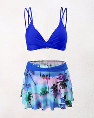 Split High-waisted Lotus Leaf Edge Printing Bikini Swimsuit