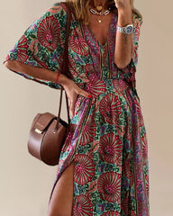 Bohemian Printing V Neck Dress Elegant Split Ankle Length Long Dress