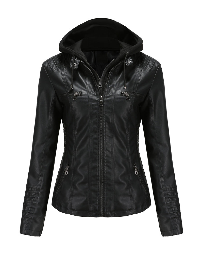 Removable Hooded PU Faux Leather Jackets Coats