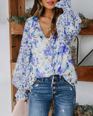 Long Sleeve Boho Drawstring Floral Print V Neck Shirt Buttoned Blouse Casual Tunic Tops