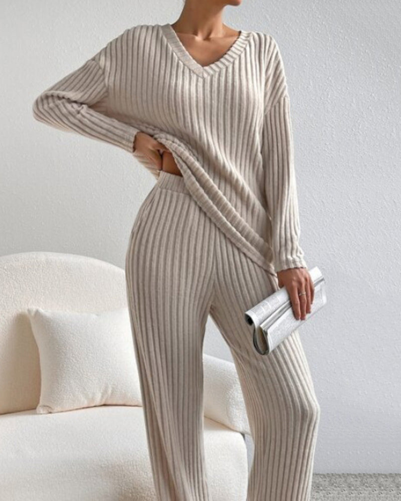 Women's Two Pieces Sets Ribbed Knit Turtleneck Long-Sleeve Top & Pants Set