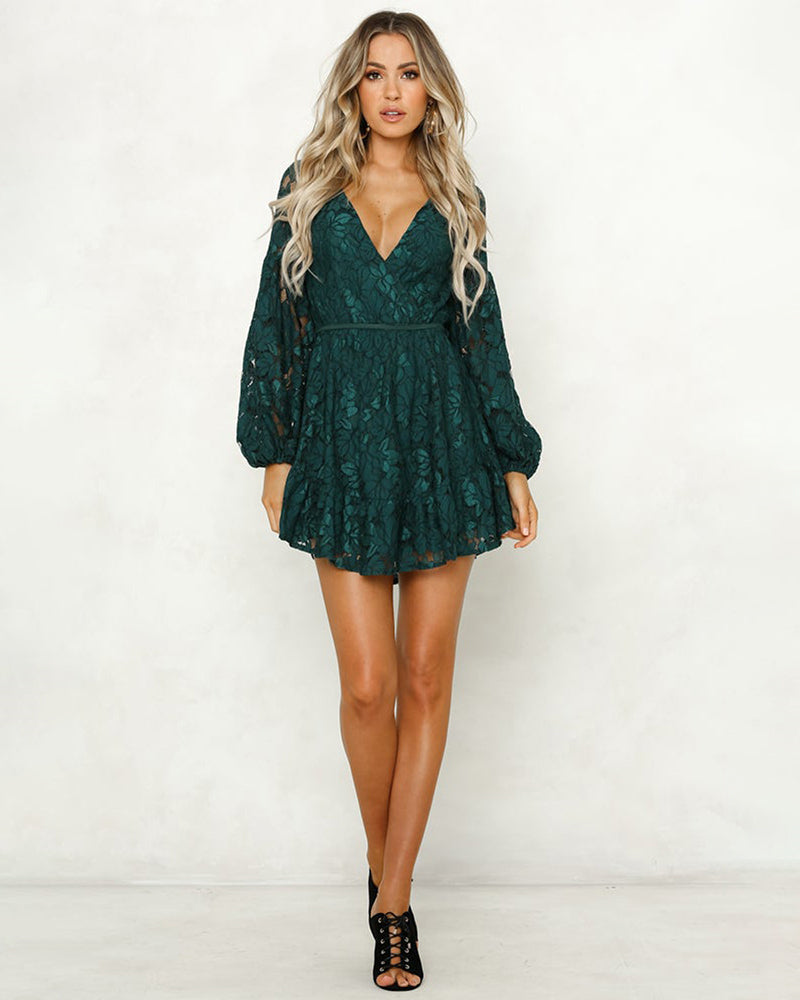 Lace Dress Deep V Floral Long Sleeve Cocktail Swing Dress