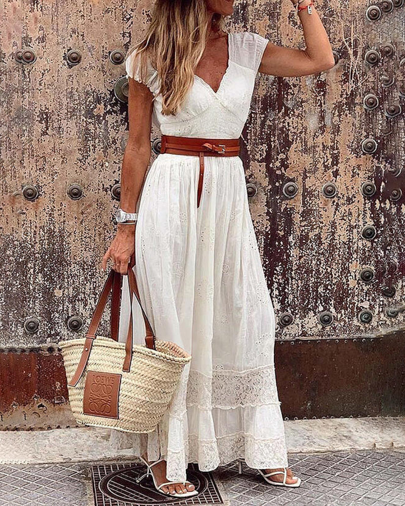 Summer Short Sleeve V Neck Lace Long Dress Wedding Guest Dresses