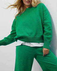 Solid Color Knitted Two Pieces Turtleneck Sweater Set Loose Top + Slit Trouser Pants